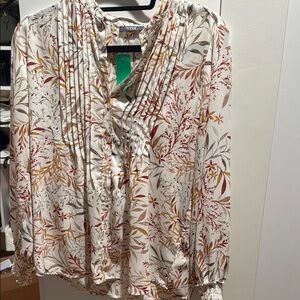 NYDJ Cream and Brown Pleated Ruffled Blouse